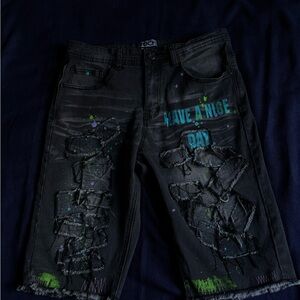 Rock Salt Men's Jean Shorts Black Denim Distressed Paint Splatter 32 Waist.
